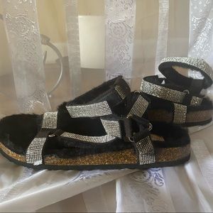 Fashion Nova Black and Silver Sandals